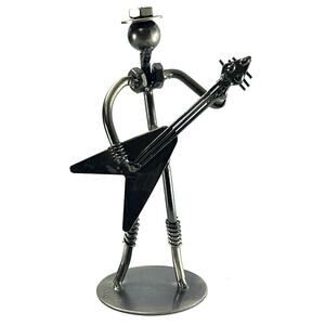 Nuts And Bolts Guitarist With Flying V Guitar Recycled Metal Art Sculpture 7"